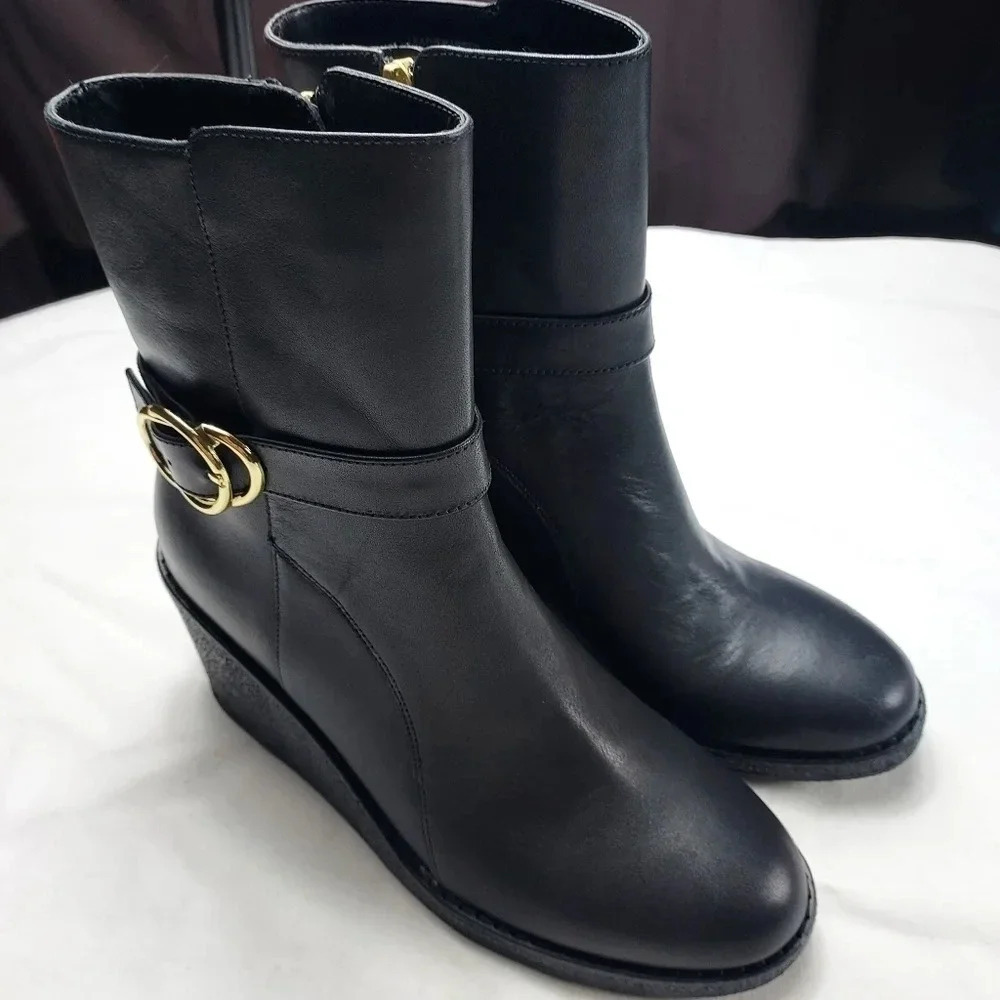 Talbots Rowan Wedge Bootie Leather Size 7M Black Ankle Boot